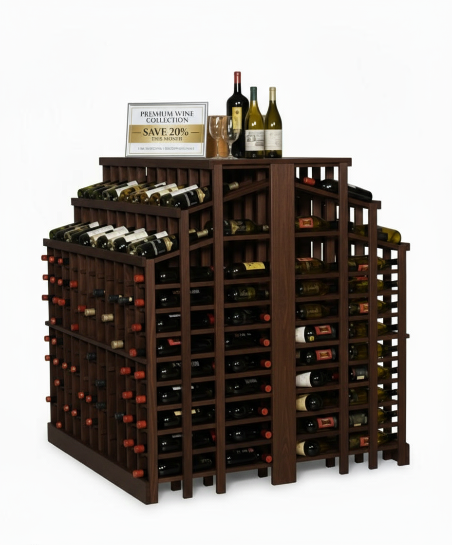 Premier Cru Wine Racks Retail 25 Freestanding Island with 2 Tiers and Counter - Premium Wooden Wine Racks Canadian Toasted Maple