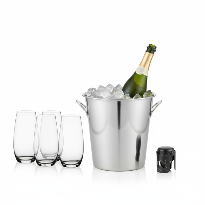 RIEDEL-O Champagne Tumblers+Stainless Steel Champagne Bucket+L’Atelier du Vin-Metal Gard’Bulles Stopper Image1