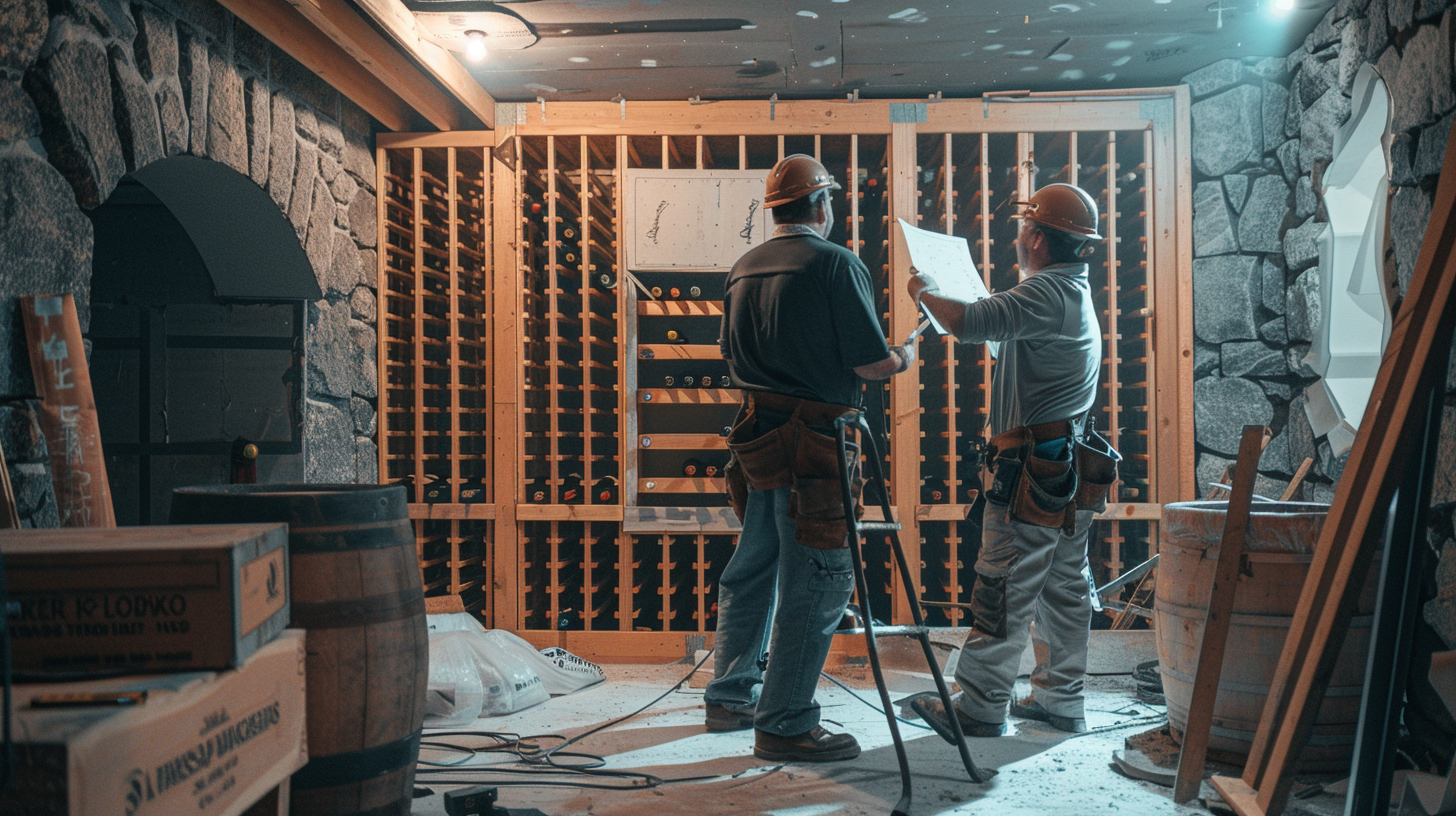 Two workers in a wine cellar with wooden frames and tools.