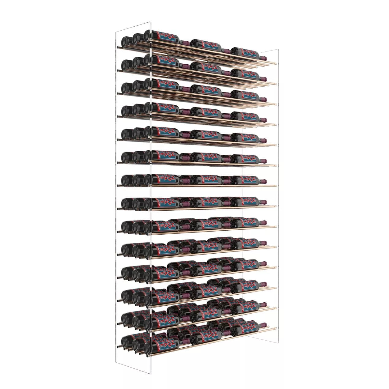 Clear acrylic display rack with multiple pairs of shoes on a white background