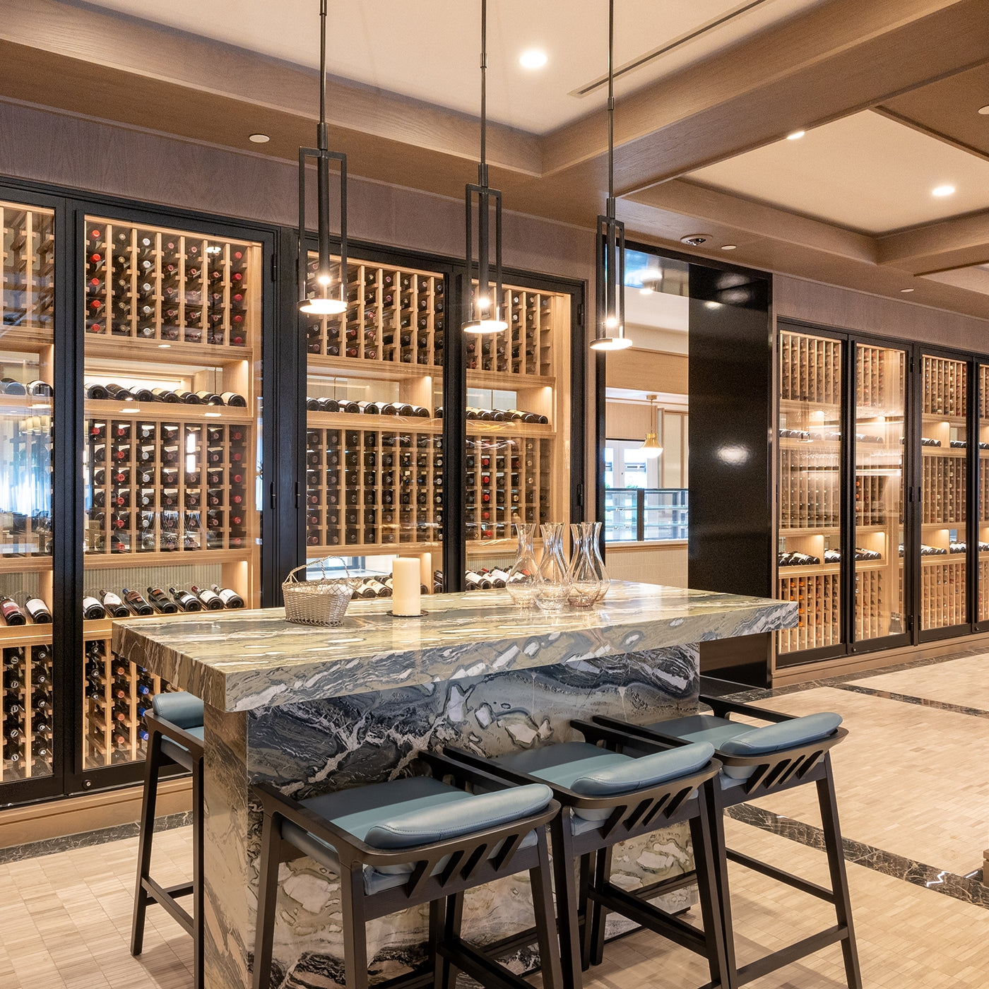 Custom wine rack with decanter and wine bottles