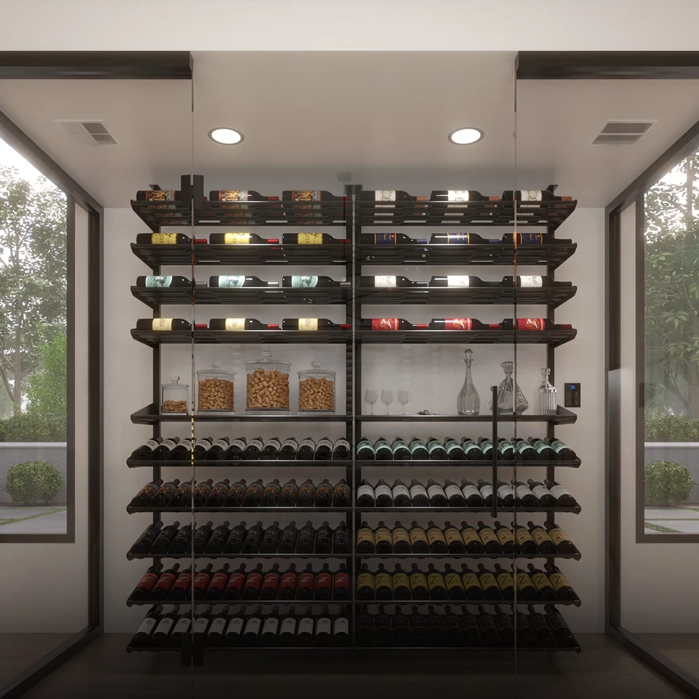 Wine rack with various bottles and glasses in a modern interior setting.