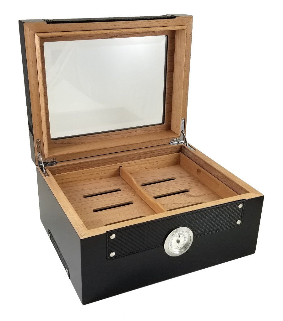 Wooden humidor with glass lid on a white background