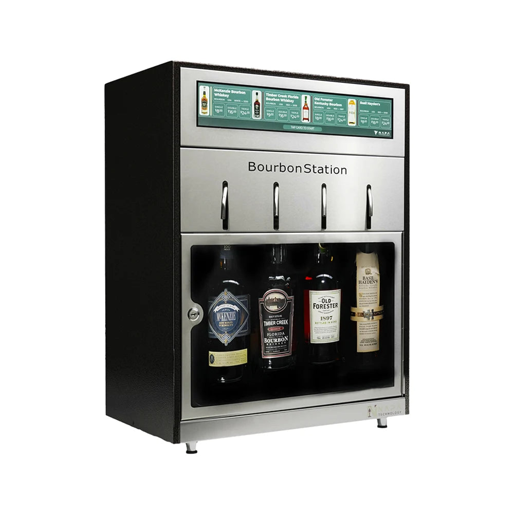 Bourbon Station with bottles of bourbon on a white background