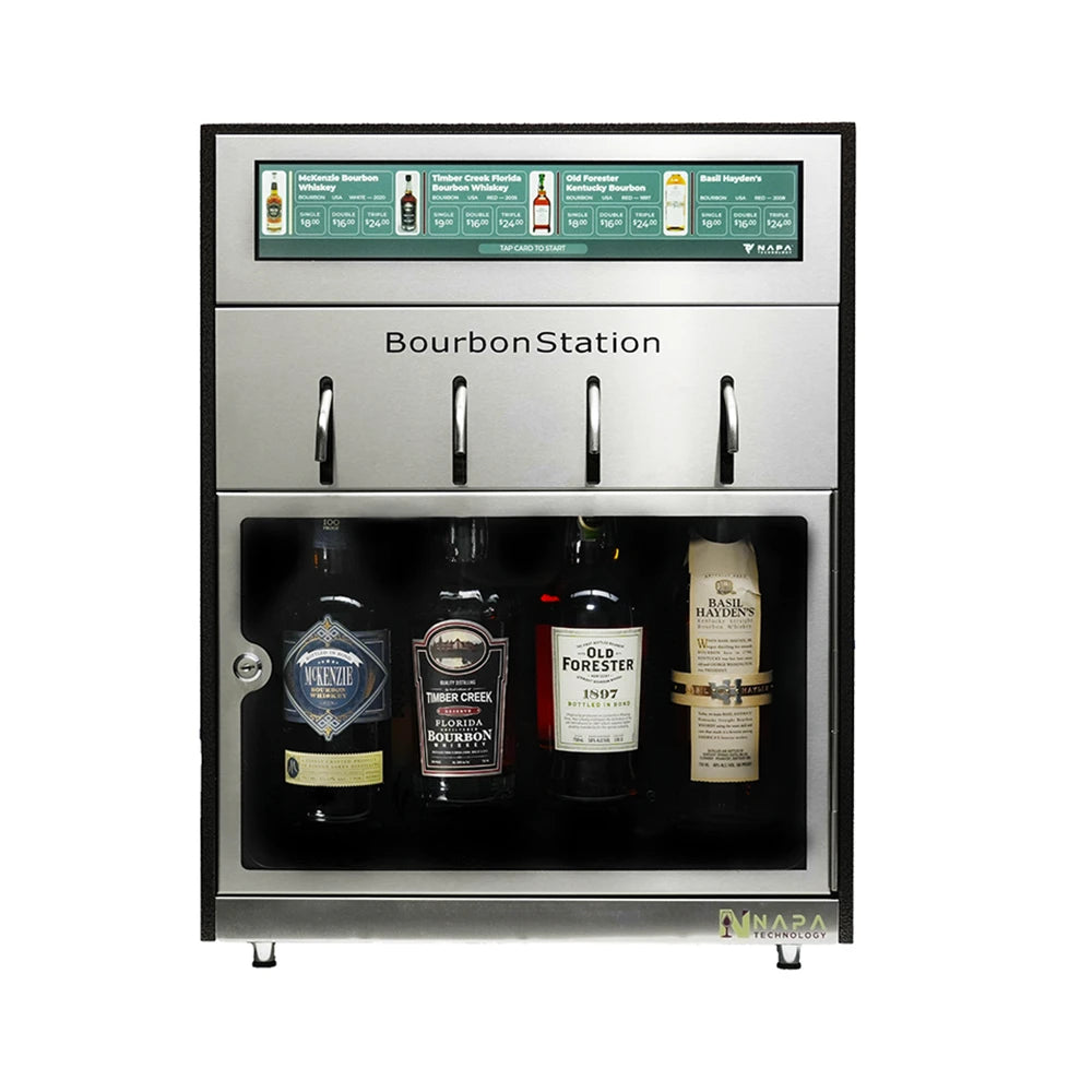 Bourbon station with multiple bottles of bourbon on a white background