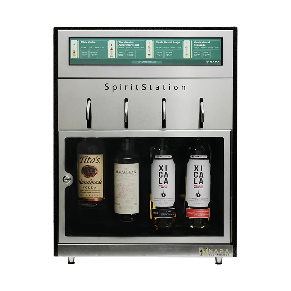 Stainless steel SpiritStation with liquor bottles displayed on a white background