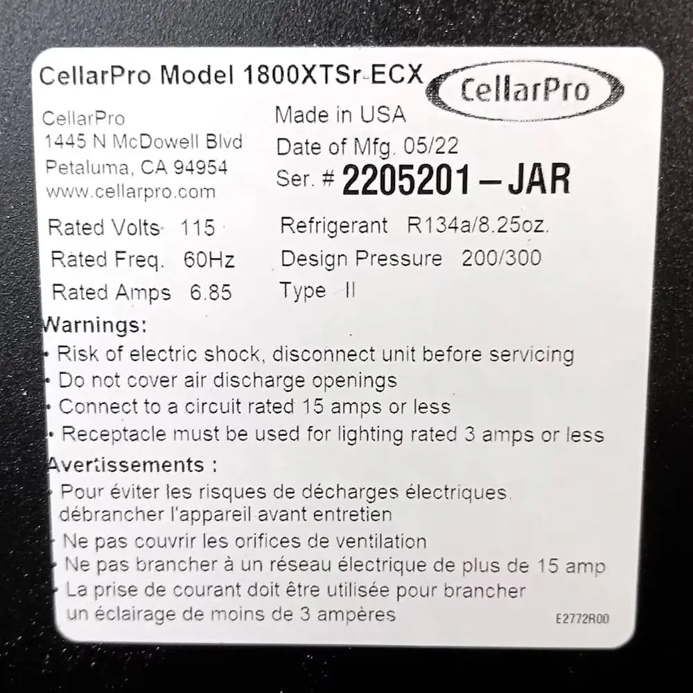 CellarPro CellarPro 1800XTSr Cooling System