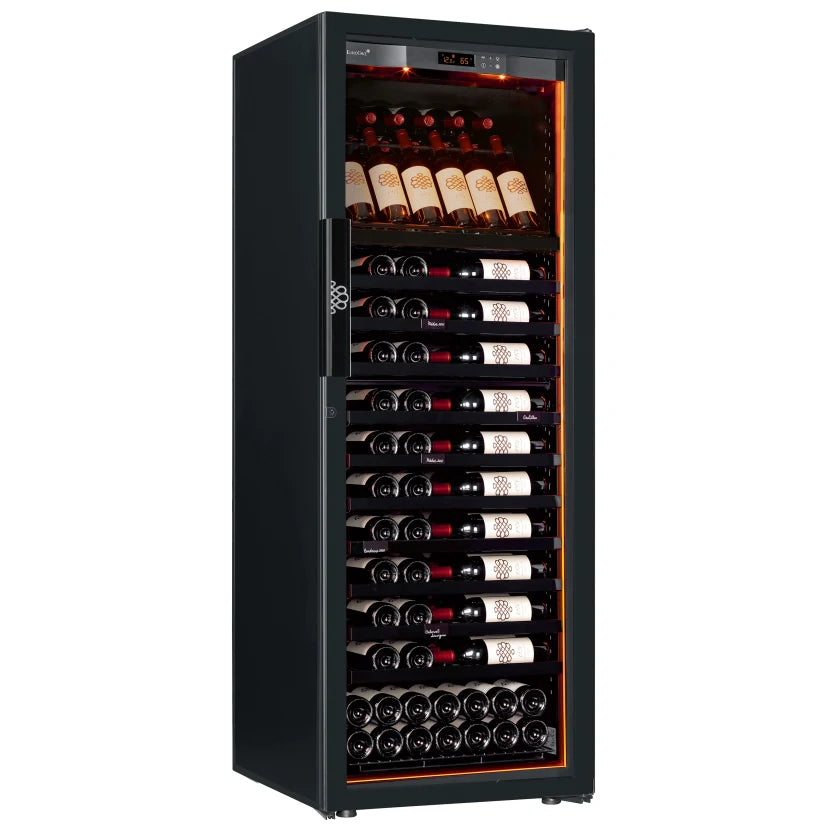 Wine cooler with wine bottles inside on a white background
