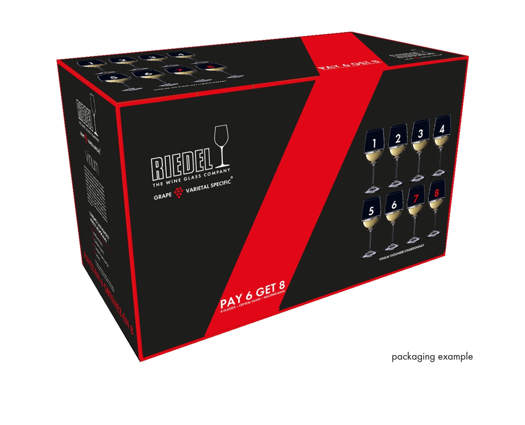 Riedel wine glass set packaging with red and black design