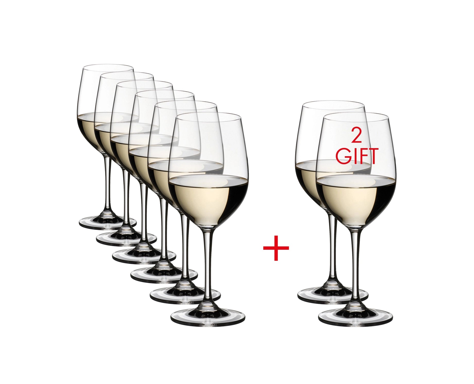 Set of wine glasses with one additional glass as a gift on a white background