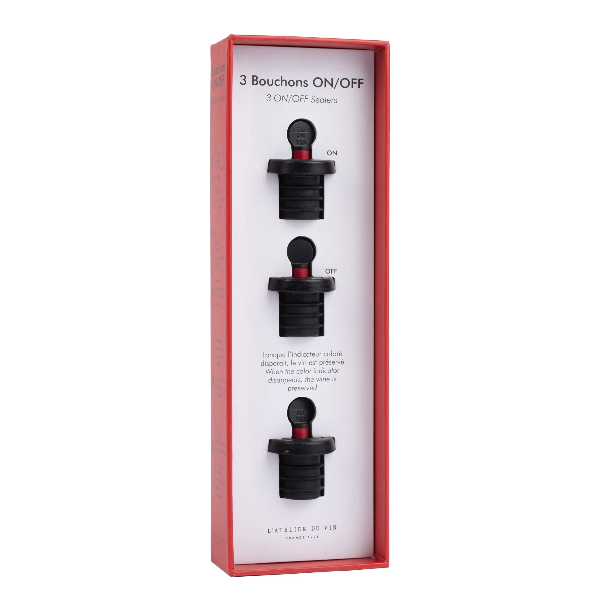 Set of three wine bottle stoppers in a red box on a white background