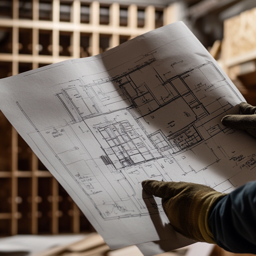 Person holding architectural blueprints in a workshop setting