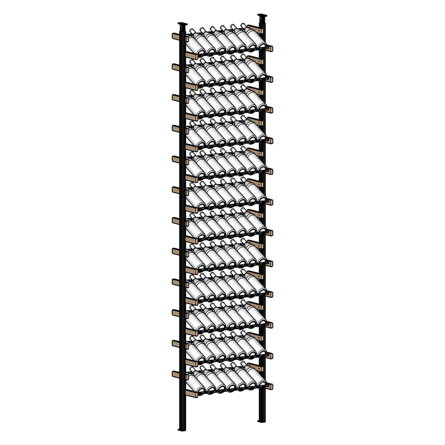 Tall black Display wine rack with multiple bottles arranged on shelves. 