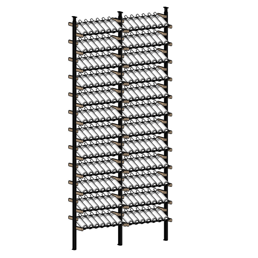 Tall black Display wine rack with multiple bottles arranged on shelves 