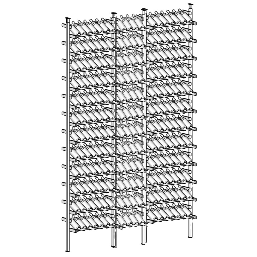 Display Wine rack with multiple shelves and bottles.