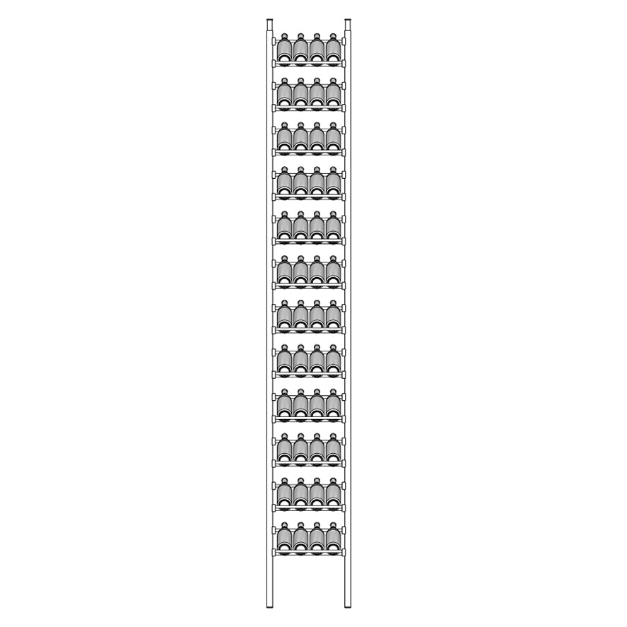 Tall Display wine rack shelving unit with multiple shelves and bottles.