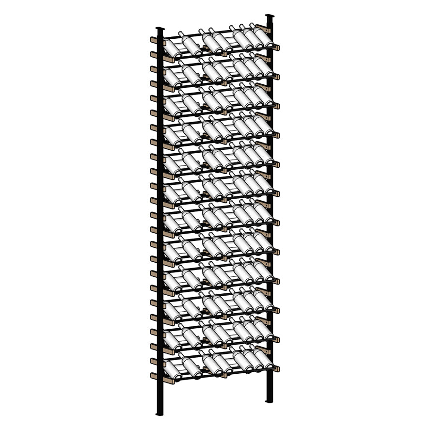 Tall Display wine rack with multiple shelves holding wine bottles