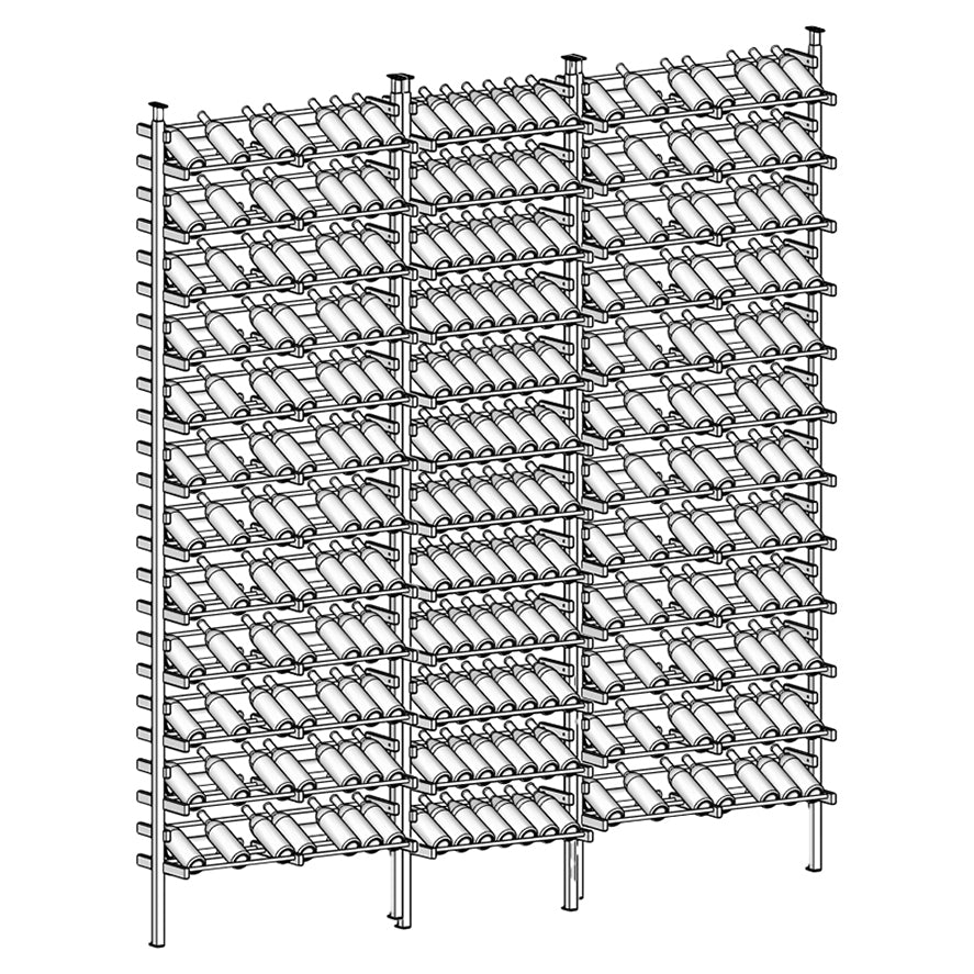 Display Wine rack with multiple shelves and bottles.