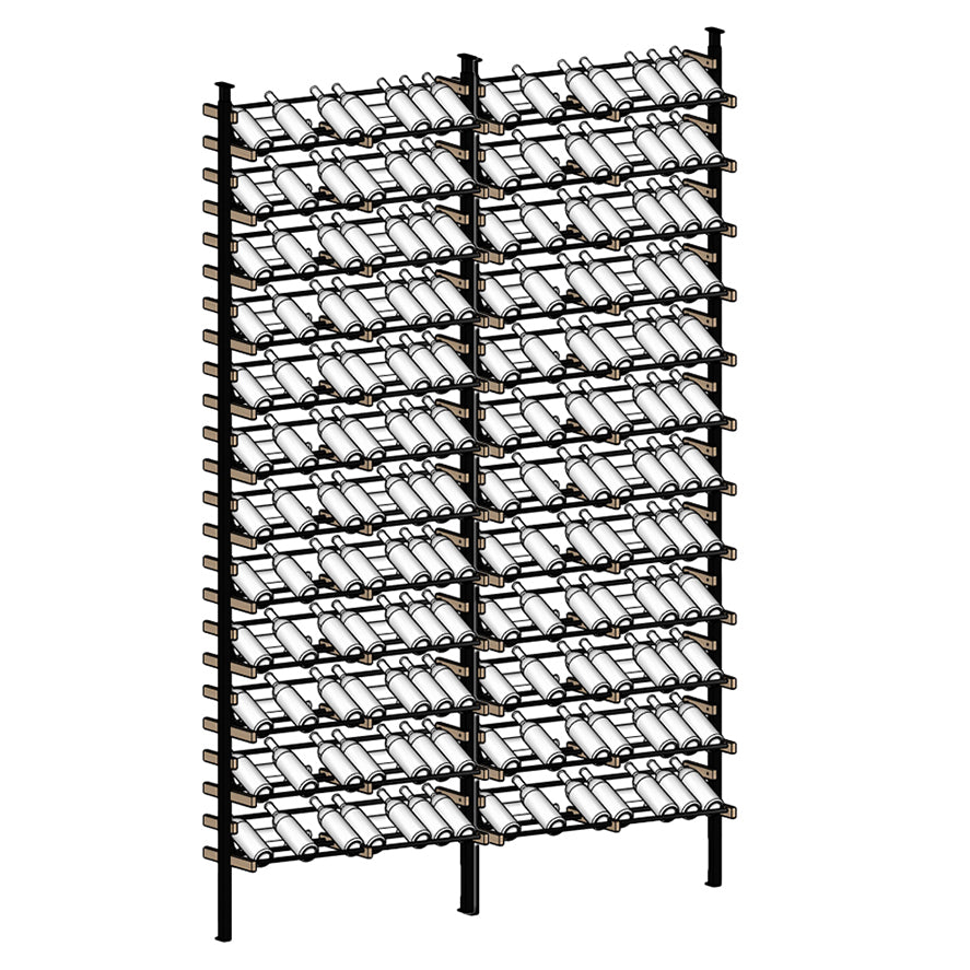 Display Wine rack with multiple shelves holding wine bottles.