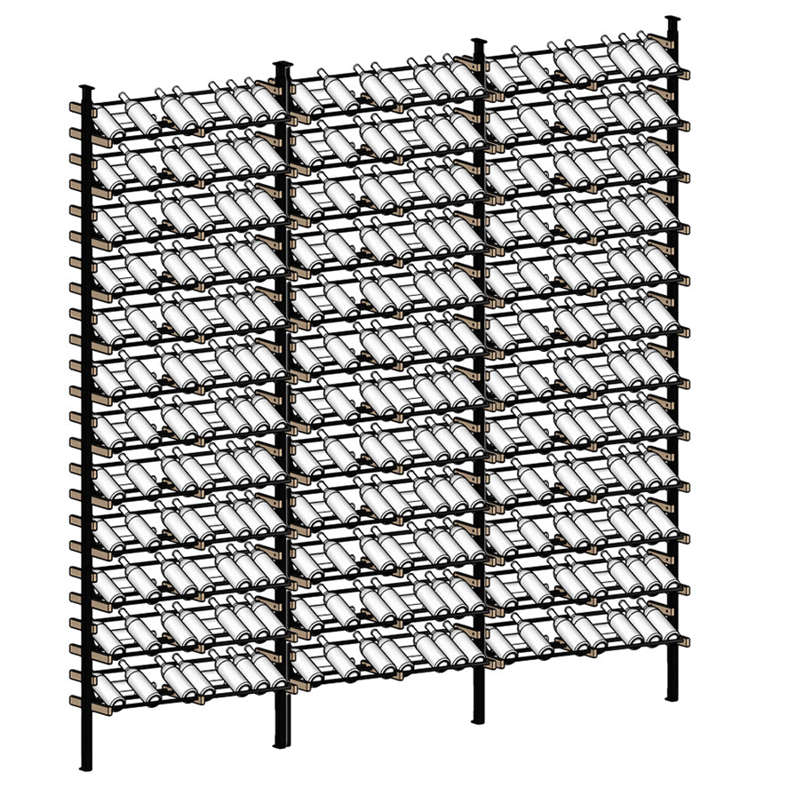 Display Wine rack with multiple shelves holding wine bottles  