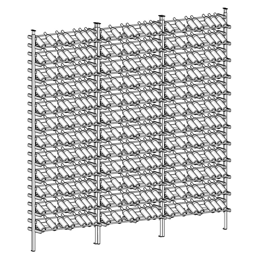 line diagram Display wine rack with multiple shelves holding wine bottles.