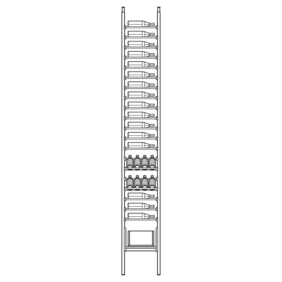 Diagram of a tall metal Ensemble wine rack with multiple shelves.