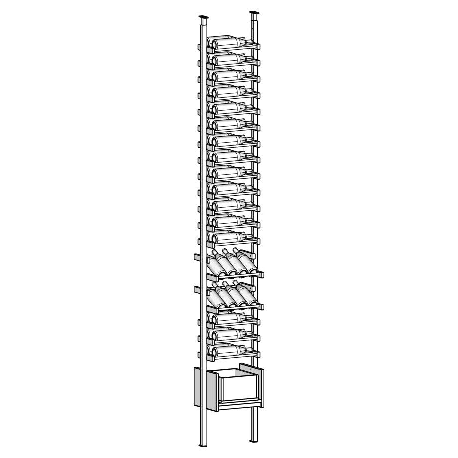 Tall metal Ensemble wine rack with multiple shelves holding wine bottles