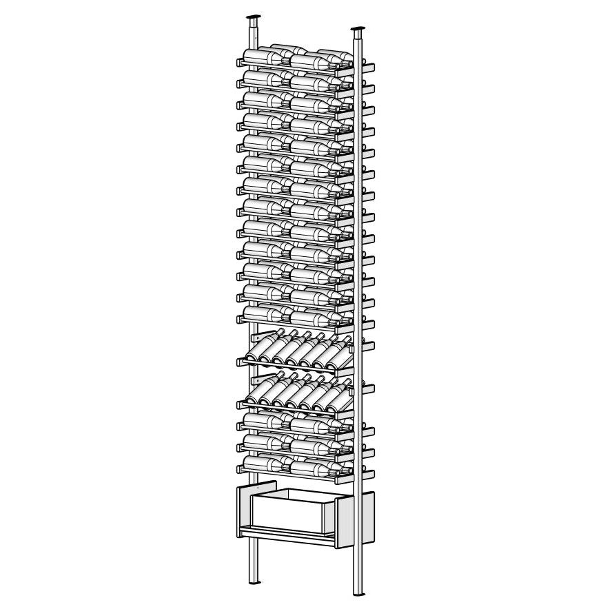 Line diagram of a vertical wine rack with multiple bottles and box