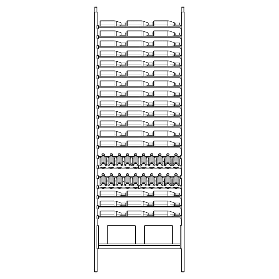 Line drawing of a bottle rack with multiple shelves holding bottles.