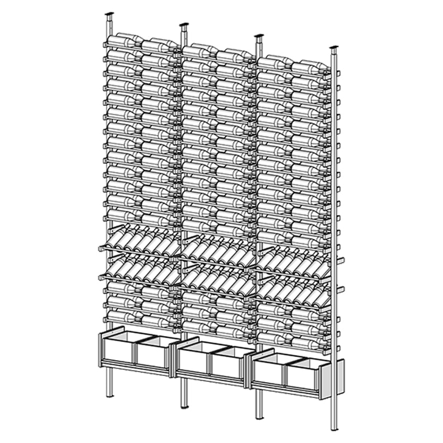 Ensemble wine rack with multiple shelves and bottles.