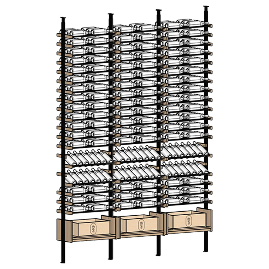 Ensemble Wine rack with multiple shelves holding wine bottles 