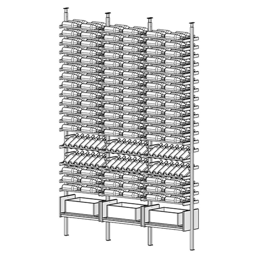 Ensemble wine rack with multiple shelves holding wine bottles.