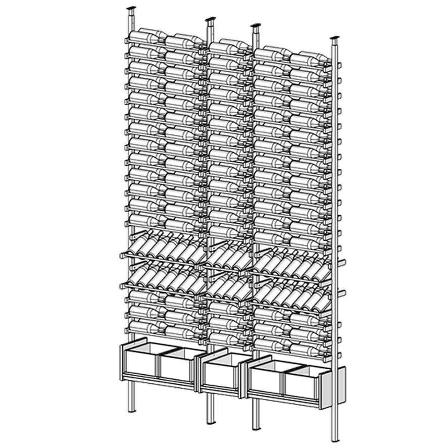 Ensemble wine rack with multiple shelves holding bottles.