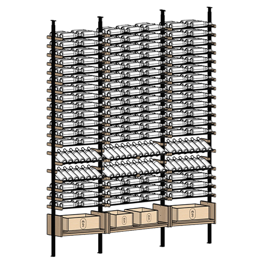 Ensemble Wine rack with multiple shelves holding wine bottles 
