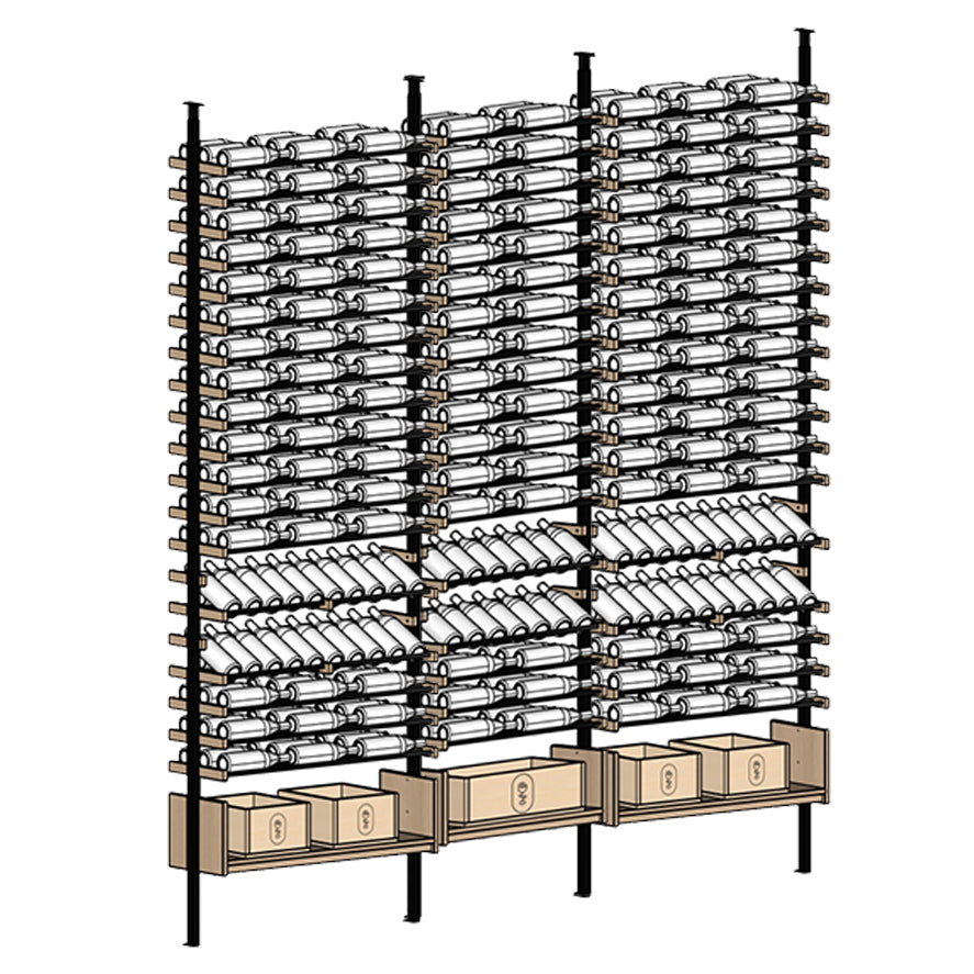 Ensemble Wine rack with multiple shelves holding wine bottles 