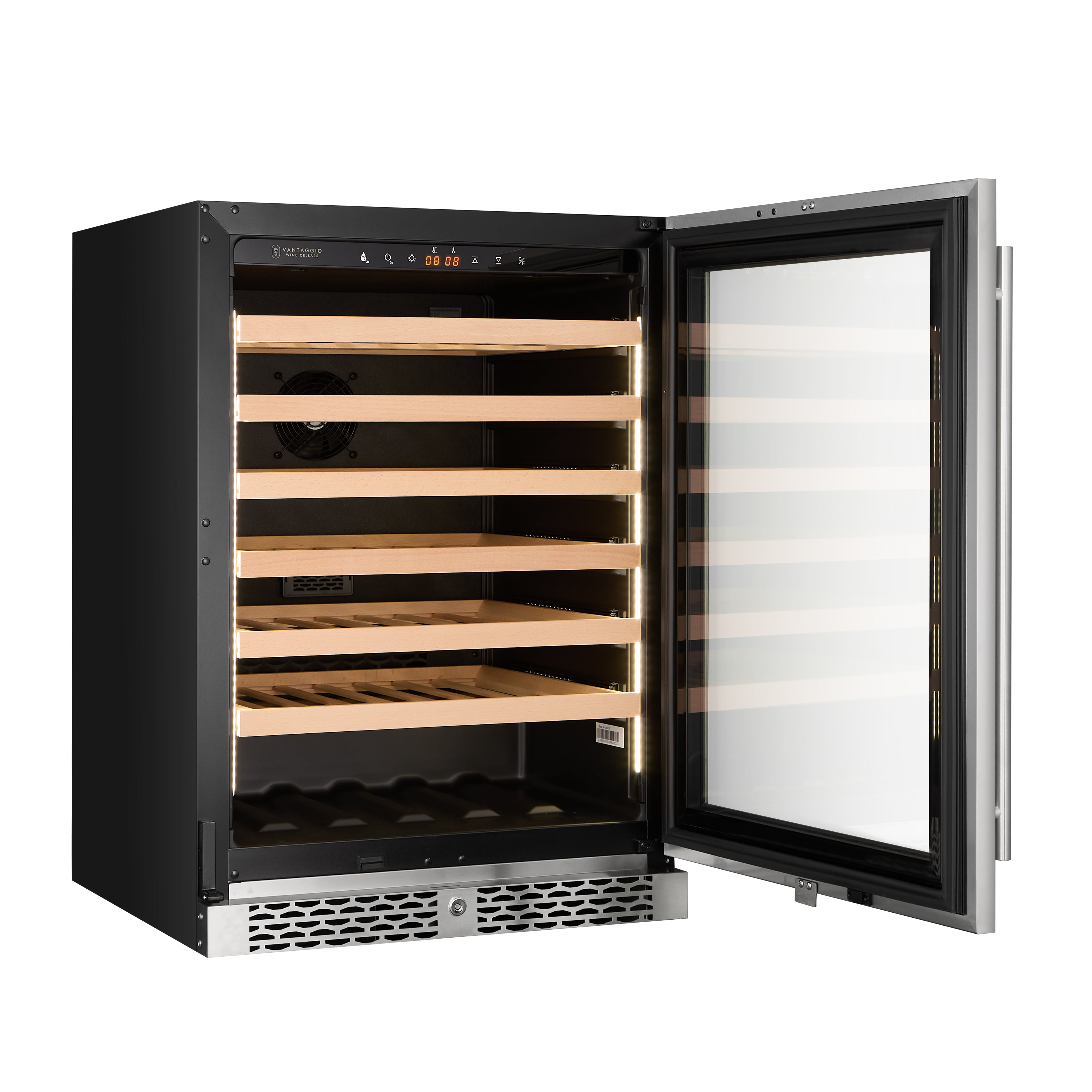 v54-ss-st wine fridge with door open and no wine from angle