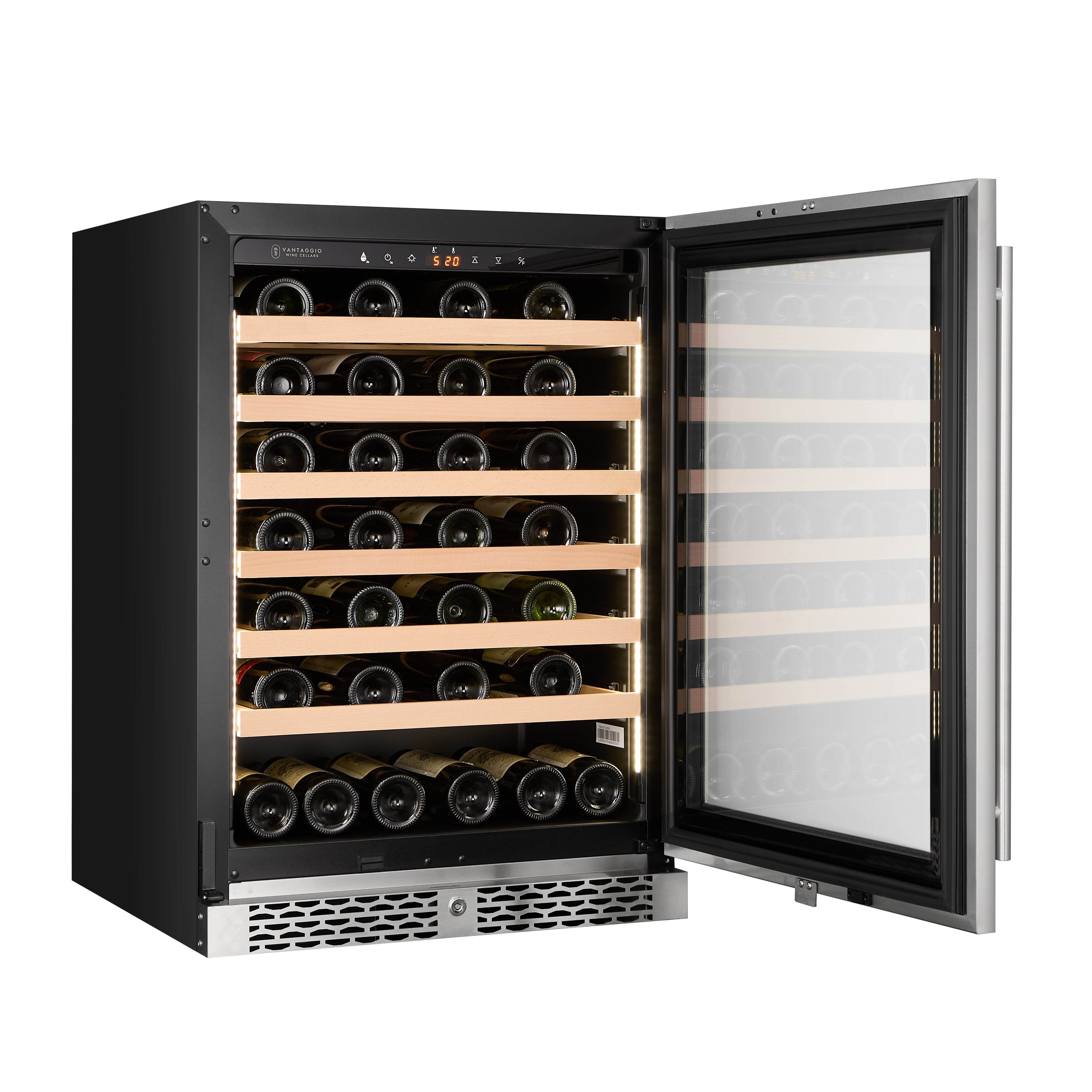 v54-ss-st wine fridge with door open and wine from angle