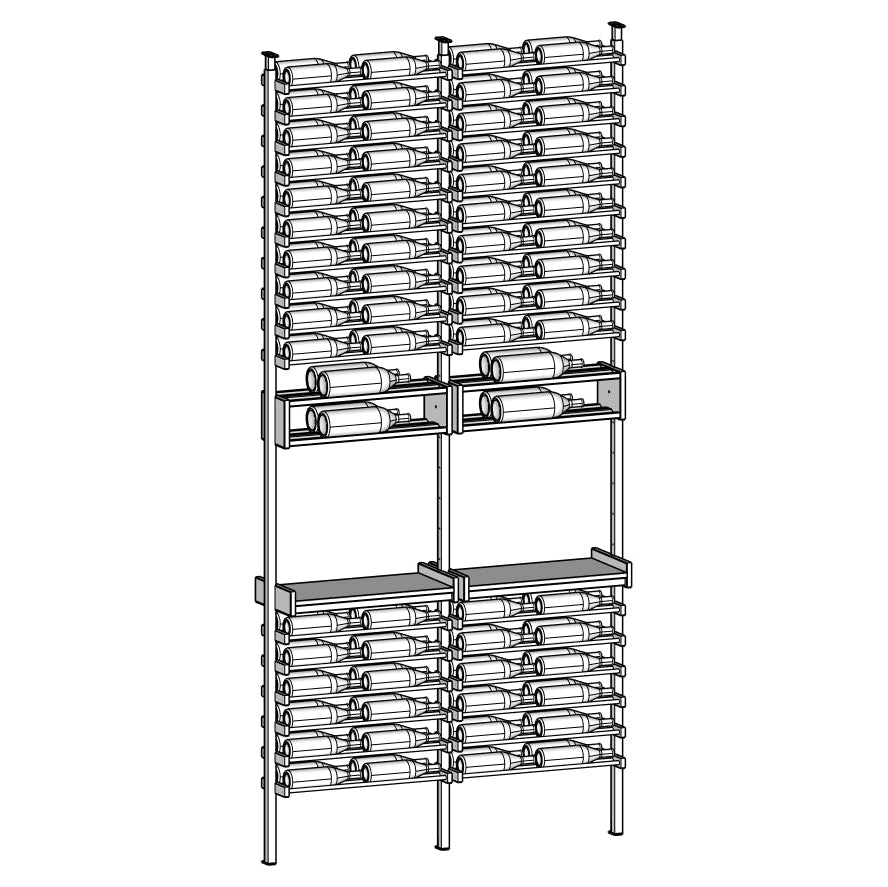 Metal wine rack with multiple shelves on a white background