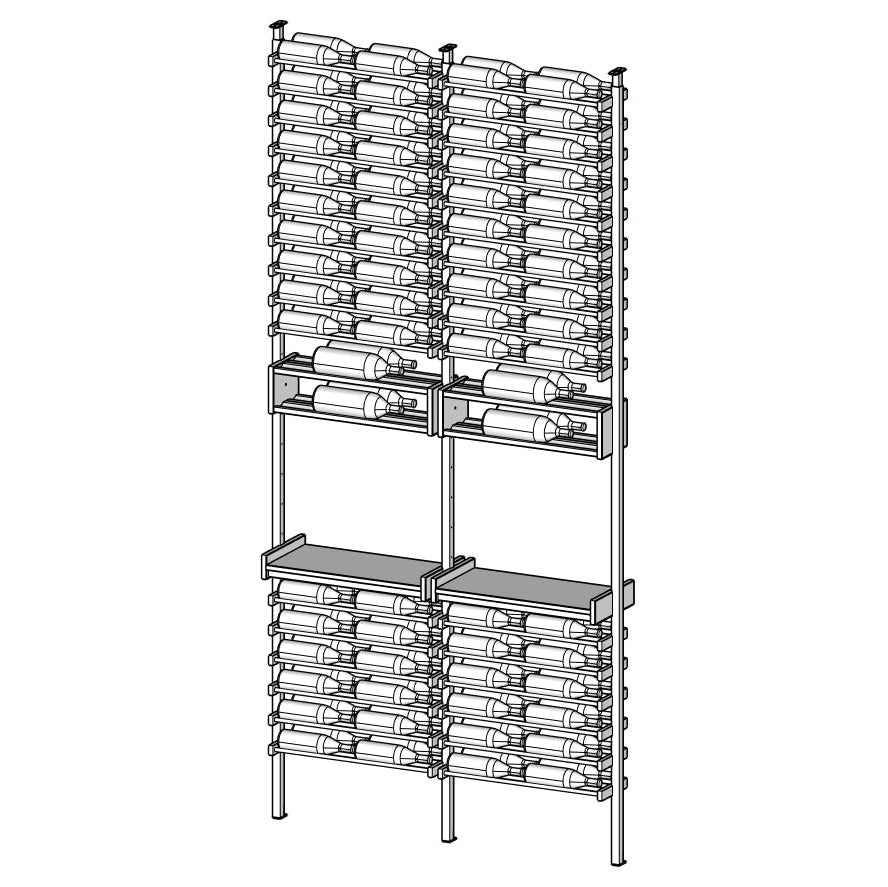 Metal wine rack with multiple shelves on a white background