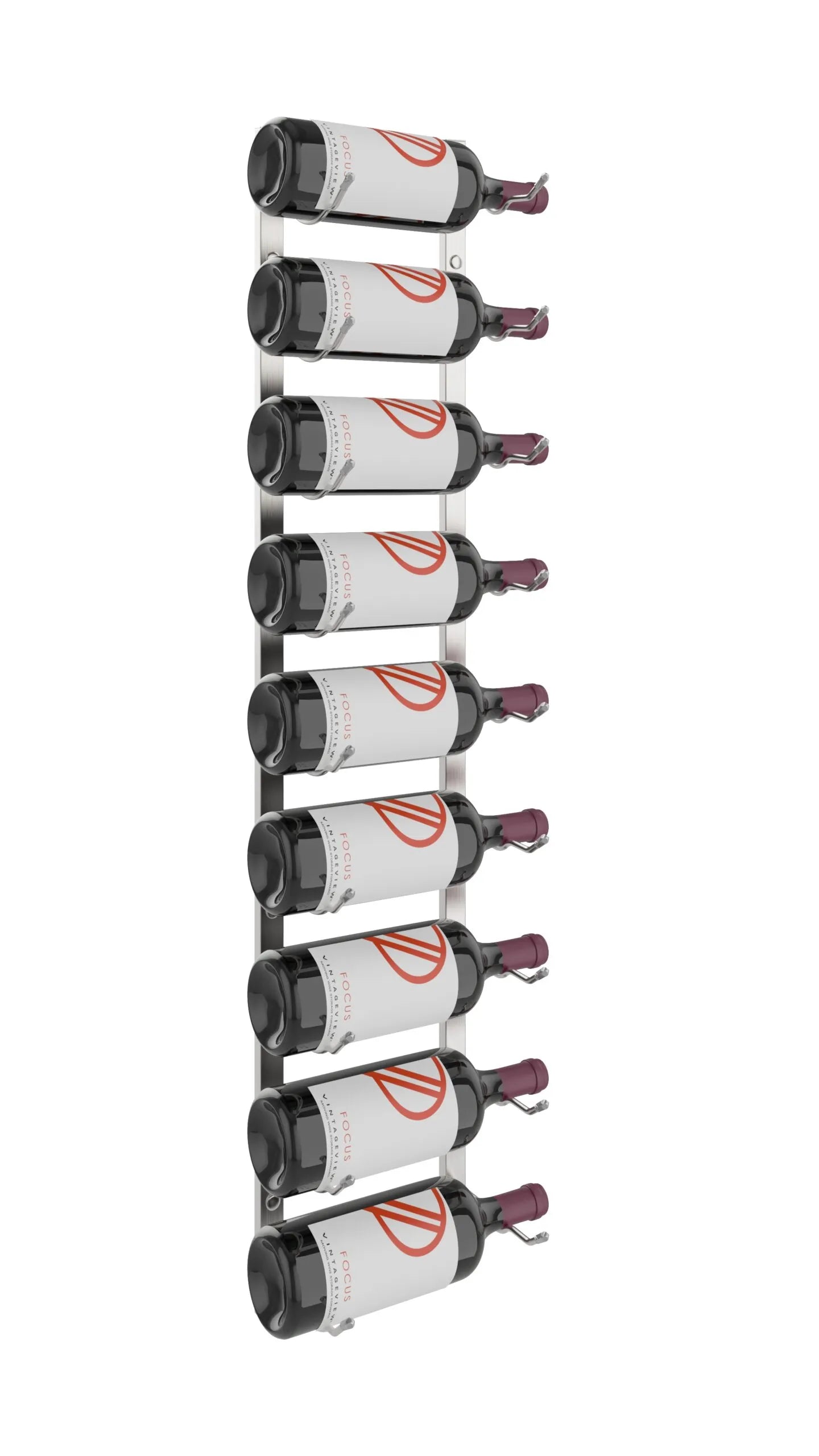 Wall-mounted wine rack with bottles on a white background