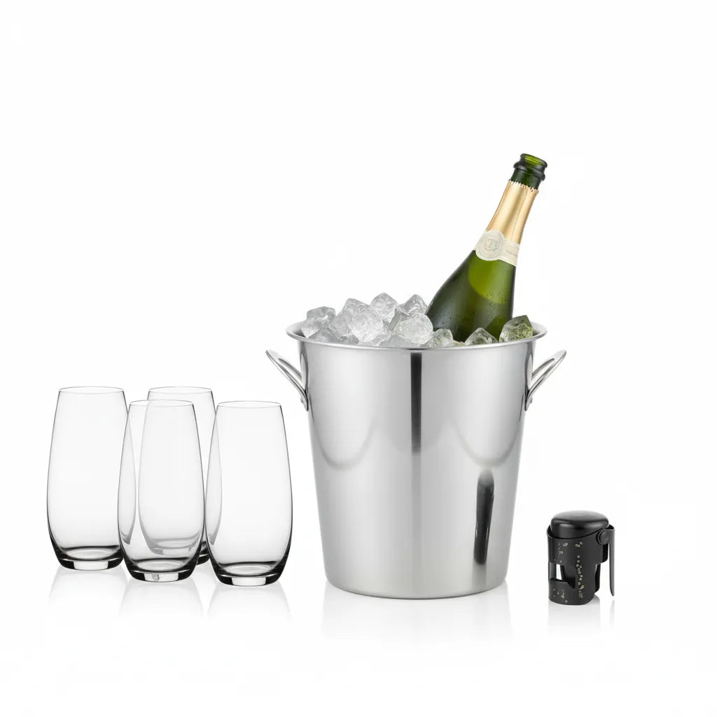 Rosehill Wine Cellars Modern Sparkling Essentials Bundle – RIEDEL O Champagne Tumblers + Stainless Steel Bucket + Gard’Bulles Stopper