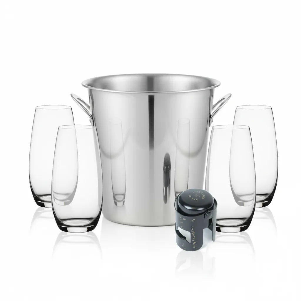 Rosehill Wine Cellars Modern Sparkling Essentials Bundle – RIEDEL O Champagne Tumblers + Stainless Steel Bucket + Gard’Bulles Stopper