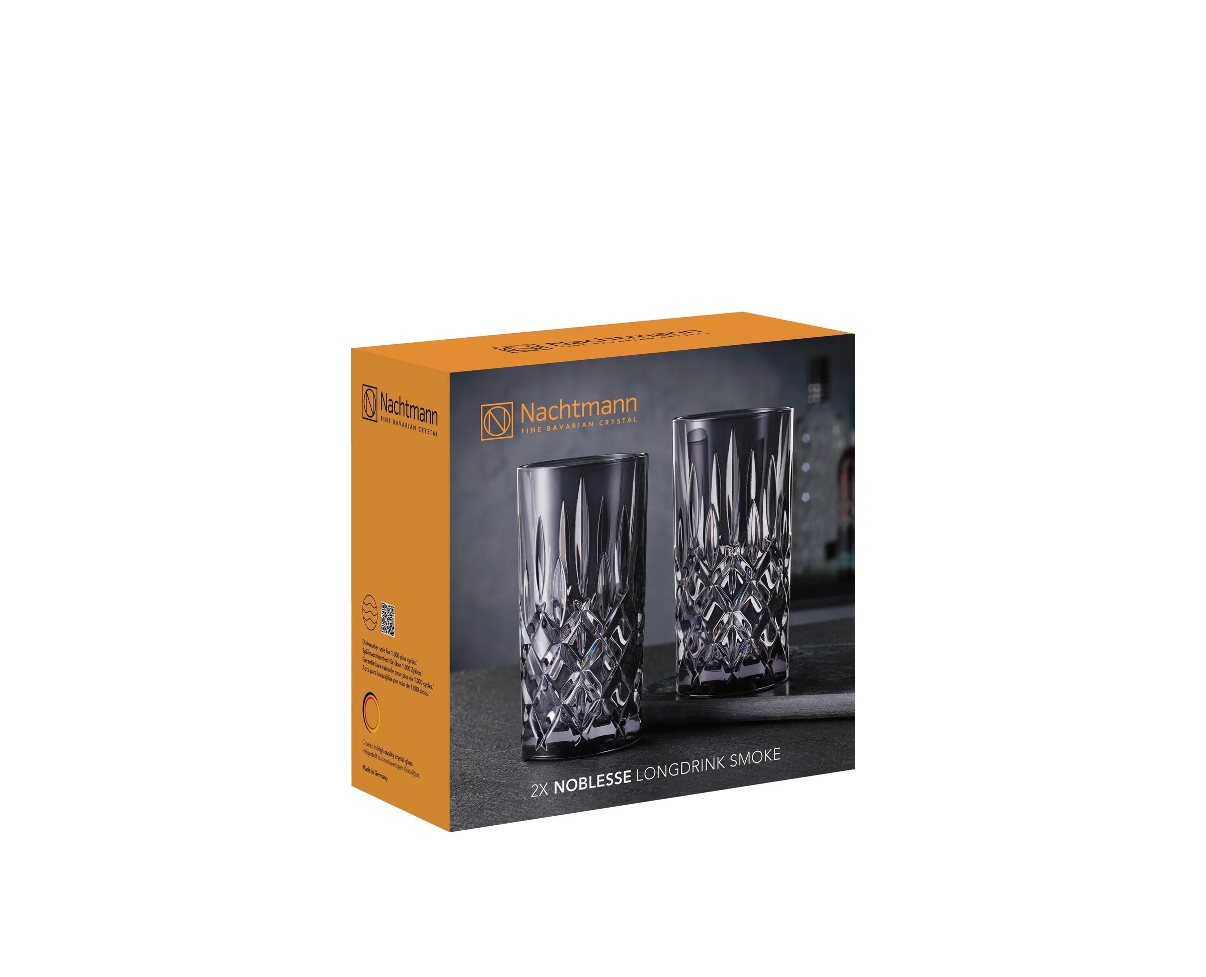 Packaging of Nachtmann Noblesse Longdrink Smoke glasses on a white background