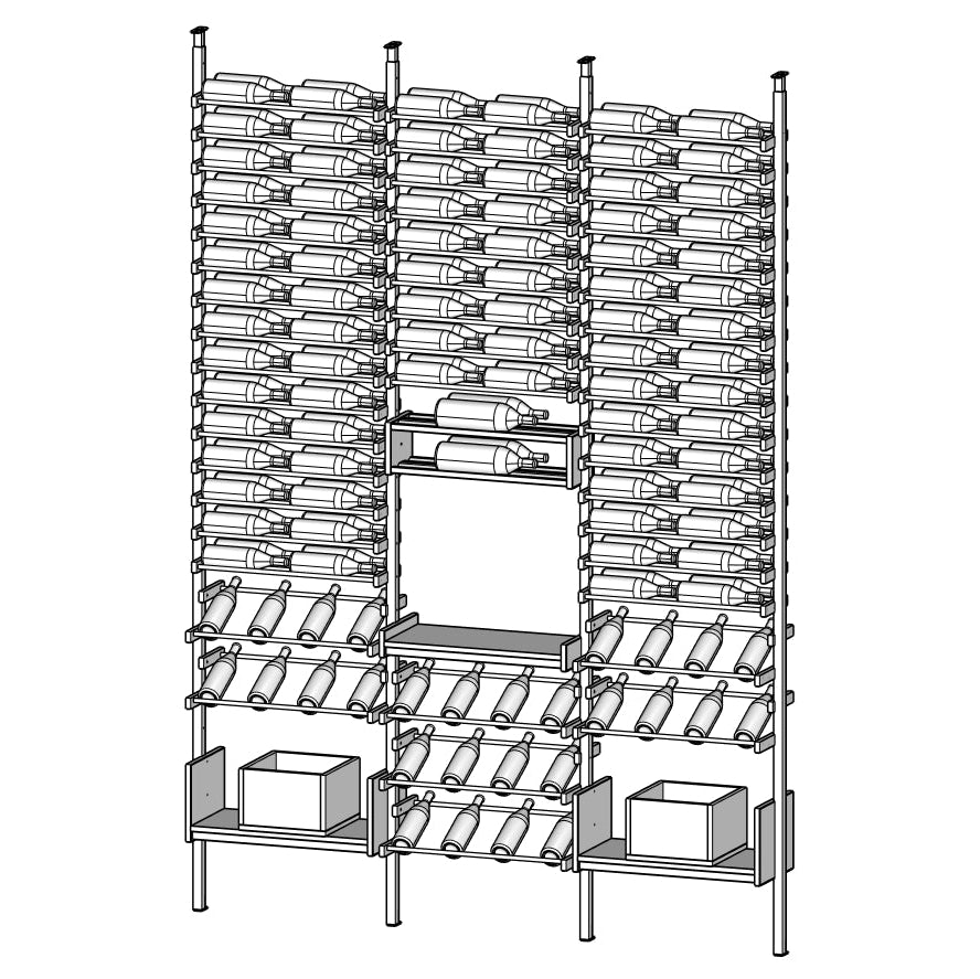 Black and white line drawing of a wine rack with bottles