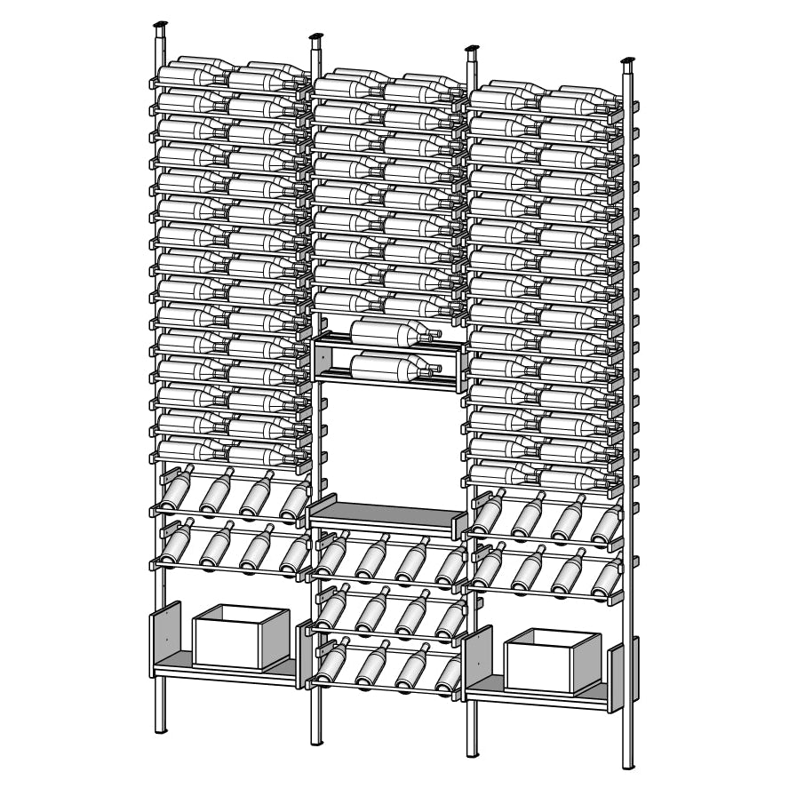 Orelis gray Wine rack with multiple shelves holding bottles.