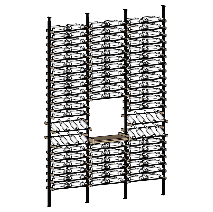 Rovelle Wine rack with multiple shelves holding wine bottles.