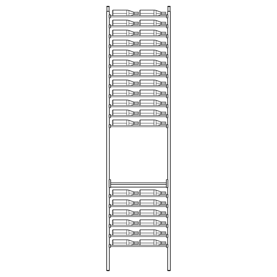 Outline of a wine rack with multiple shelves on a white background