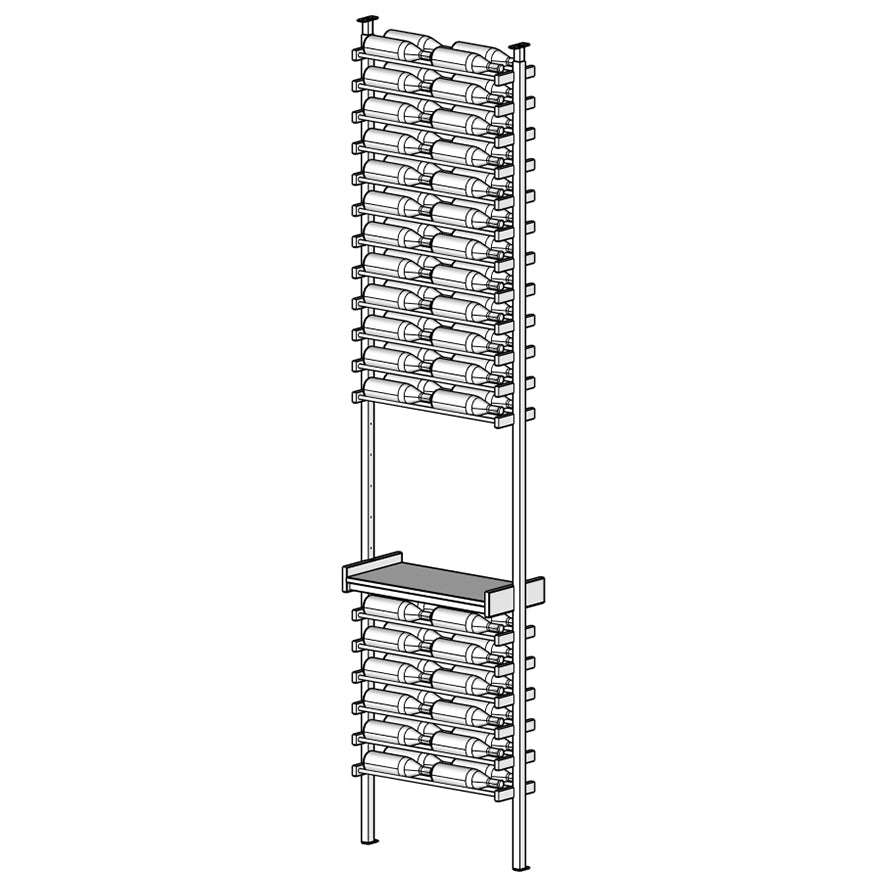 Tall metal wine rack with multiple bottles on a white background