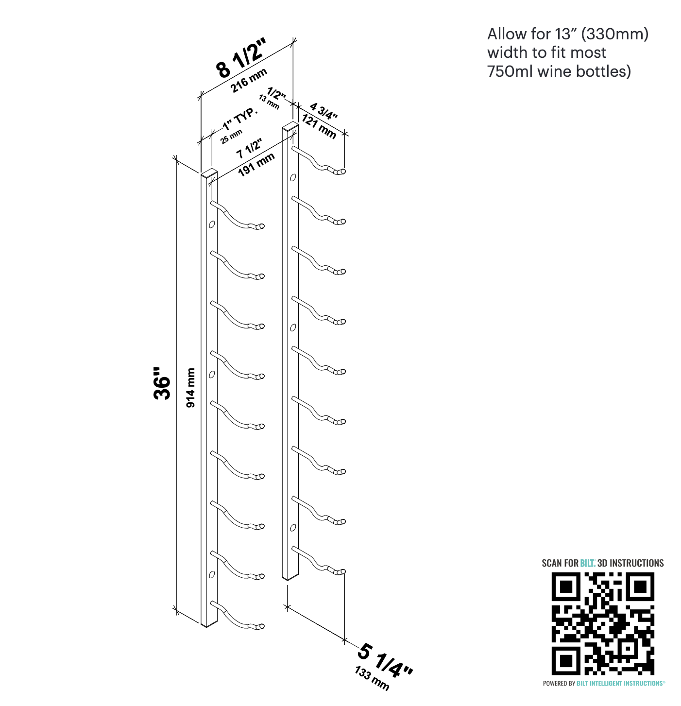 W Series Wine Rack 3 (wall mounted metal bottle storage)