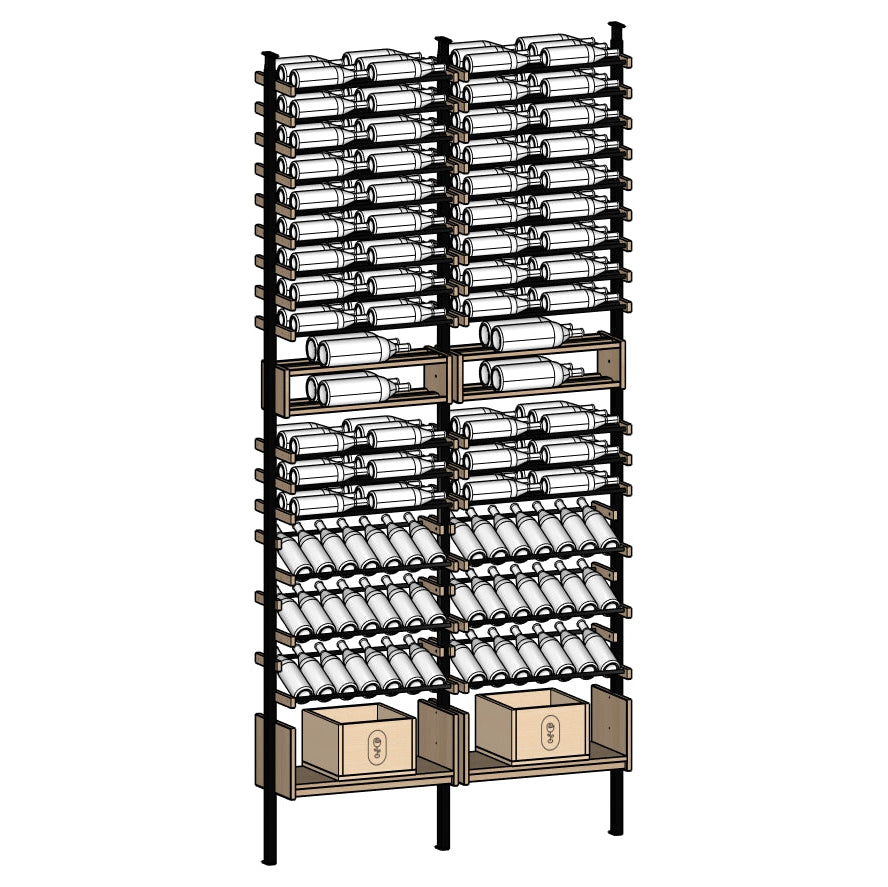 Truvia Wine rack with bottles and boxes.